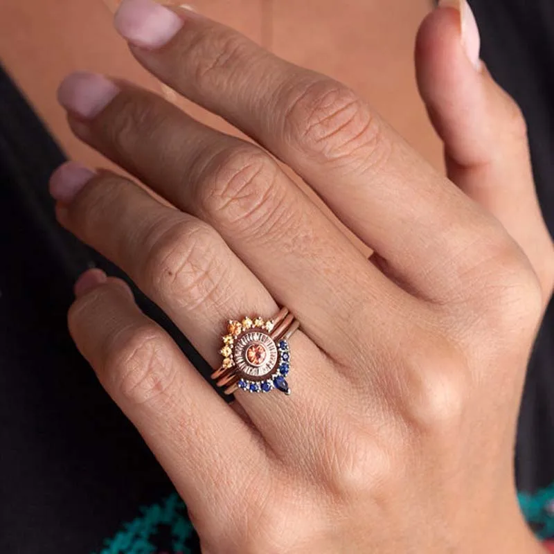 

Ring charm jewel finger crown ring lady rose gold foldable zircon three-piece set of matching rings