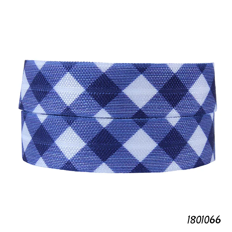 

(50 yards/lot) Free shipping blue and white plaid patterns elastic ribbon, wholesale 5/8" fold over elastic for hair ties