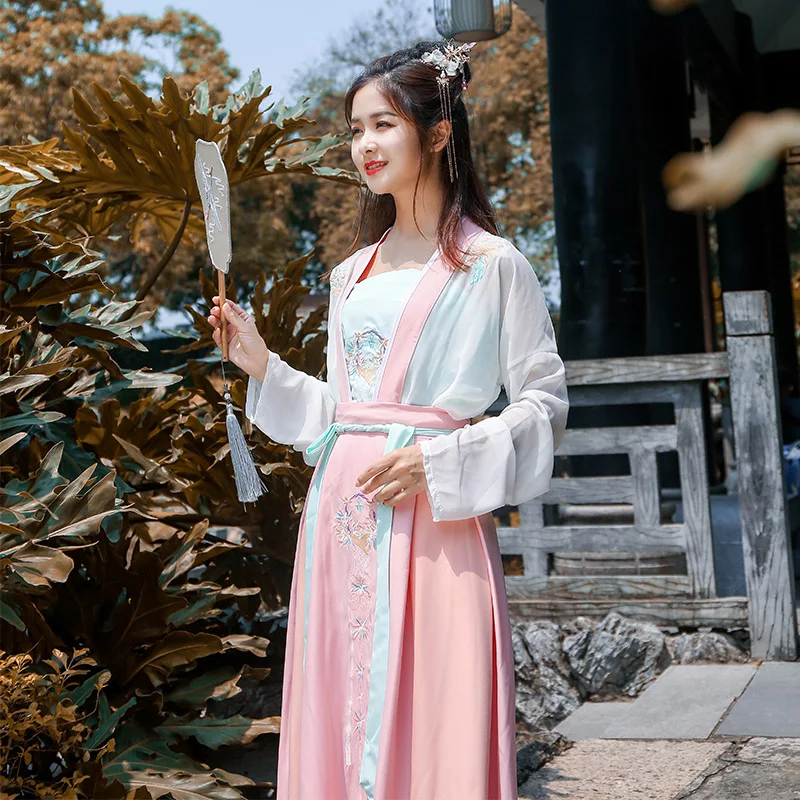 Женский танцевальный костюм Hanfu розового цвета с вышивкой для выступлений наряд