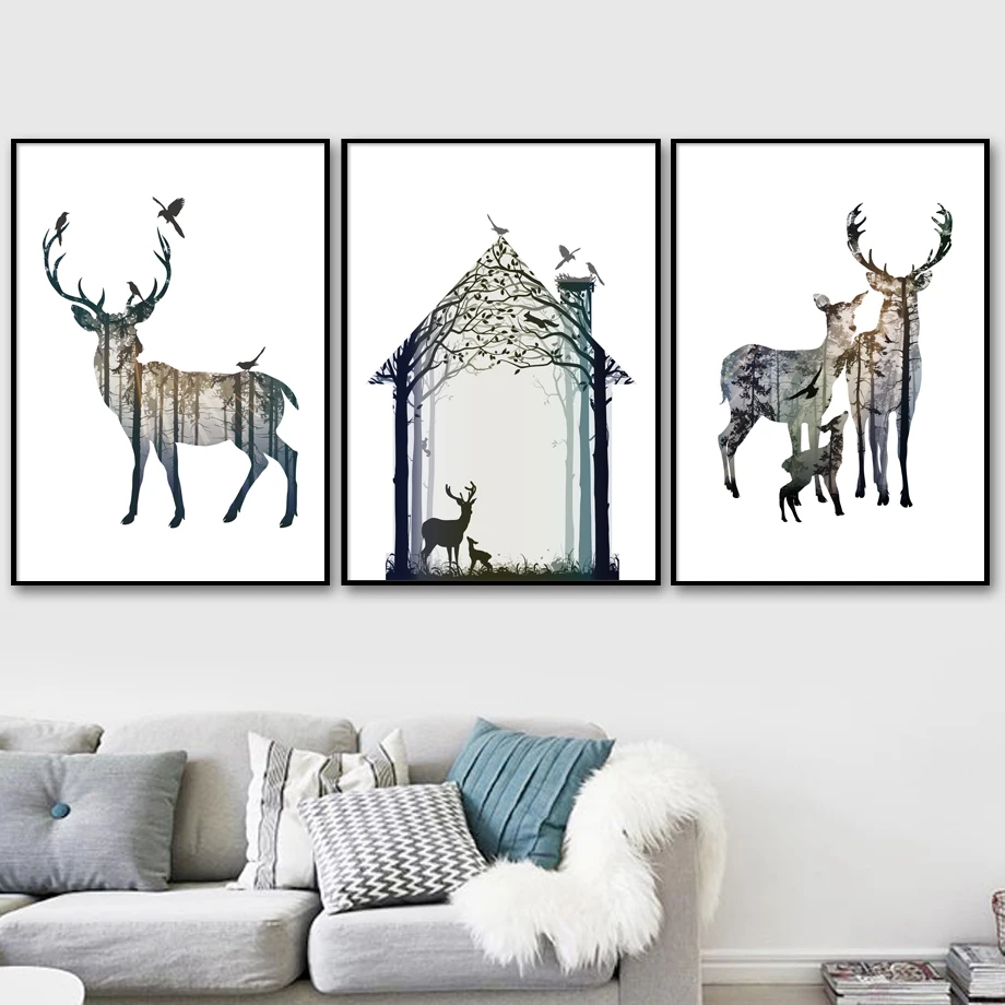 Олень птица лес дом настенная живопись холст винтажные плакаты и принты