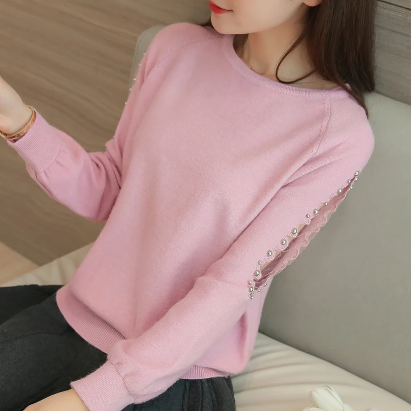 P5 OHCLOTHING осенне-зимний свитер, универсальные свободные свитера, женские короткие кружевные одноцветные рубашки с бисером - Цвет: P5
