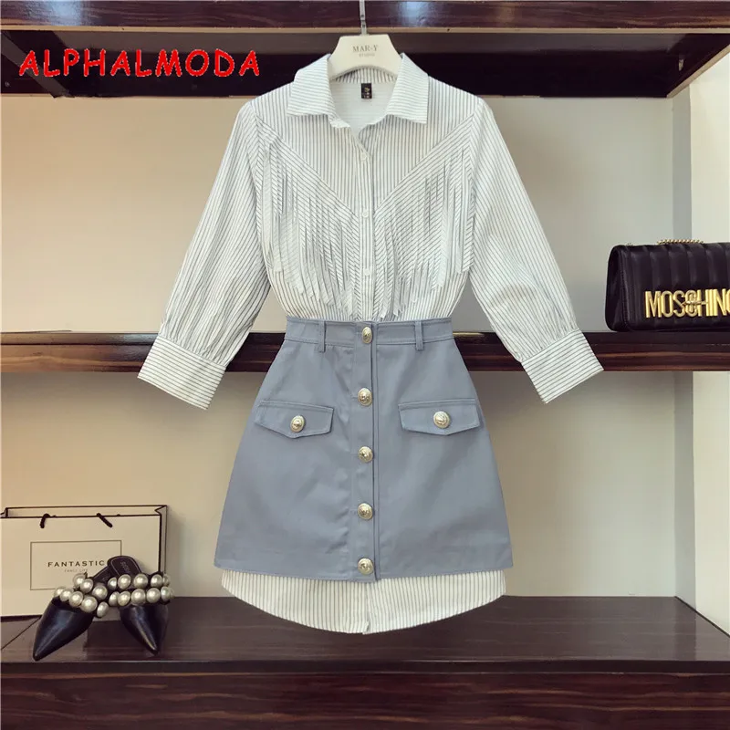 ALPHALMODA/Новое модное платье рубашка с бахромой + джинсовая юбка комплект из 2