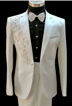 white 1 Пиджак+ брюки) мужские костюмы, красный, белый, черный, розовый, красный, зеленый Свадебный костюм жениха, Мужская официальная одежда, облегающие костюмы, одежда с цветами, вечерние - Цвет: white 1