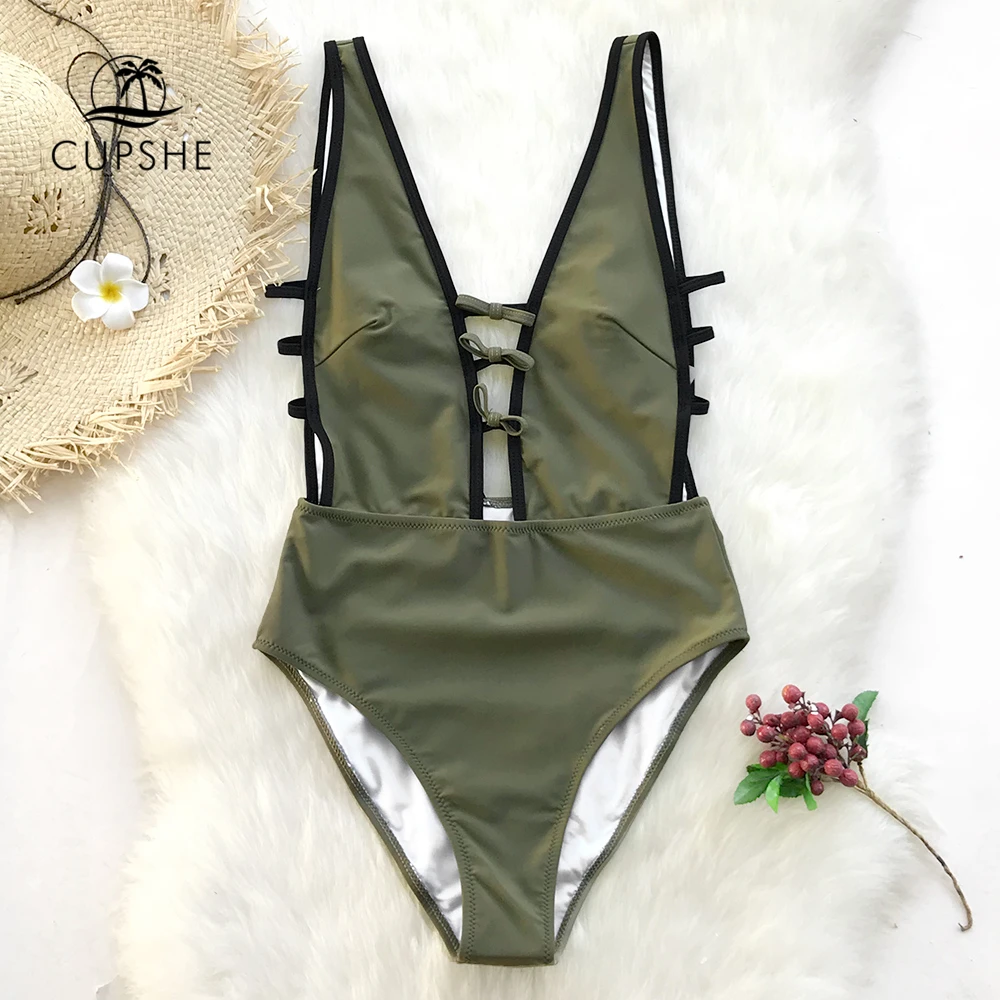 CUPSHE army green Strappy цельный купальник женский v образный вырез высокая нога