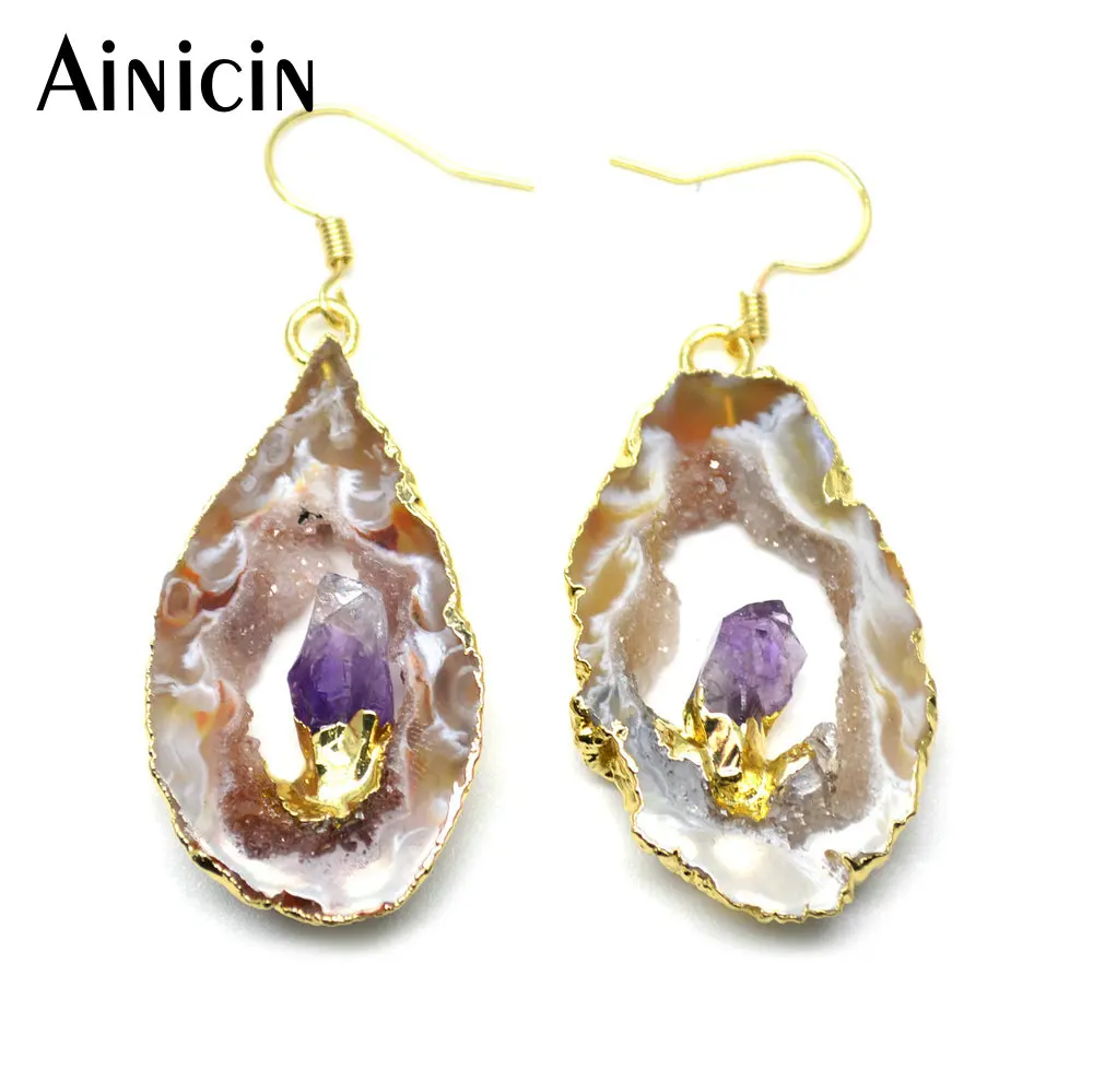 1 пара Рок Кристалл инкрустация Drusy Geode камень цвета золота крюк серьги для модных женщин ювелирные изделия Лучший подарок на день рождения