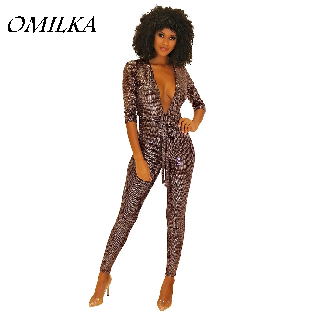 

OMILKA 2018 Autumn Winter Women Long Sleeve Deep V Neck Bandage Bodycon Rompers and Jumpsuits Sexy Gold Club Party Shiny Overall