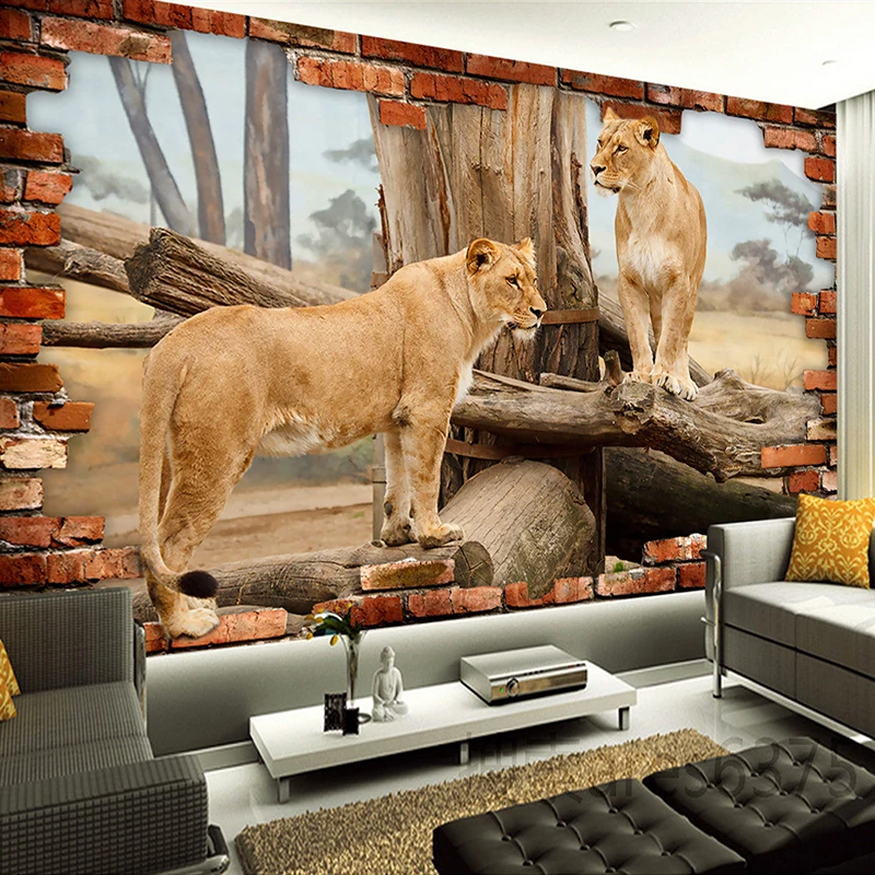 Фотообои 3D с рельефным Изображением Животных Льва кирпича обои для гостиной