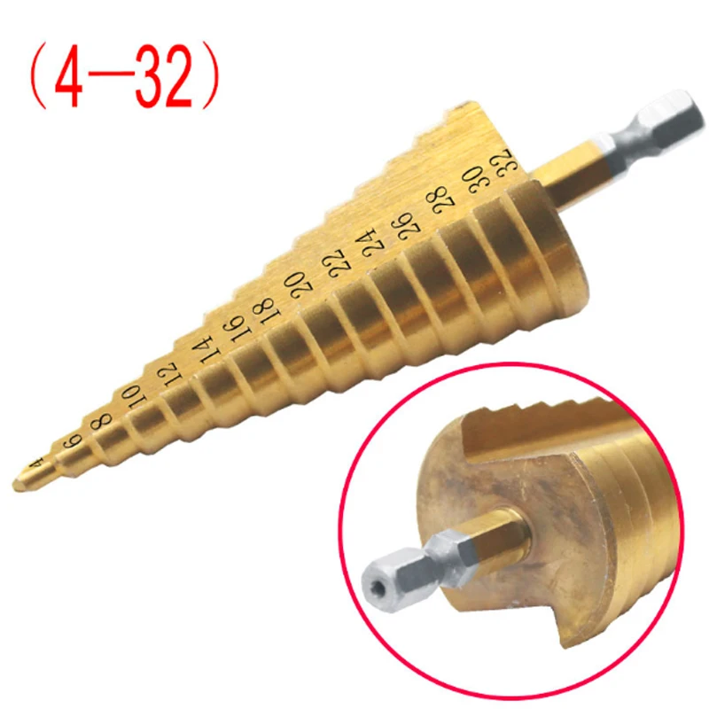 4-12mm 4-20mm 4-32mm Metric Spiral Flute/Large Step HSS Steel 4241 Cone Titanium Coated Drill Bits Cut Tool Set Hole Cutter