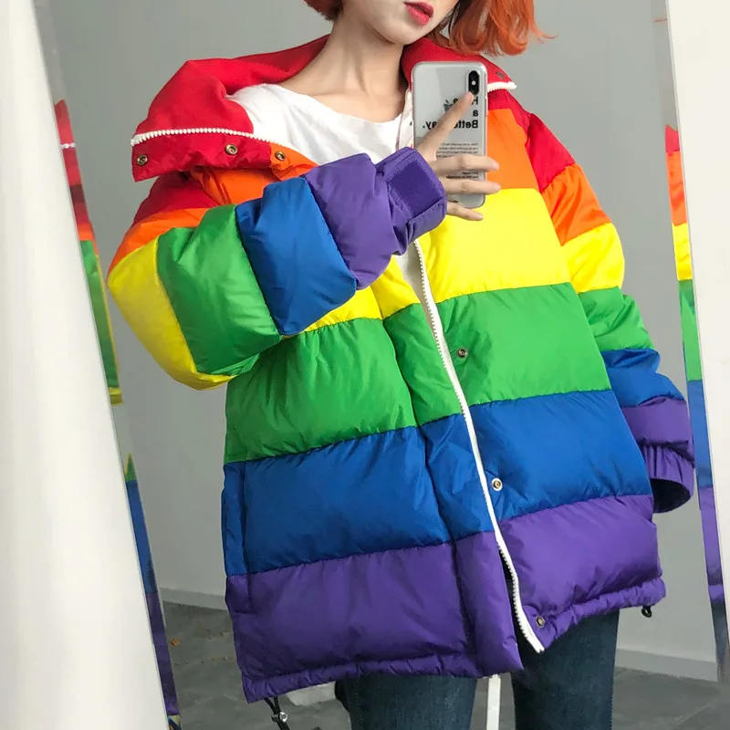 U-SWEAR Harajuku зимняя повседневная куртка для женщин Радуга ватная парка размера плюс свободное Полосатое пальто Femme Chaqueta Mujer