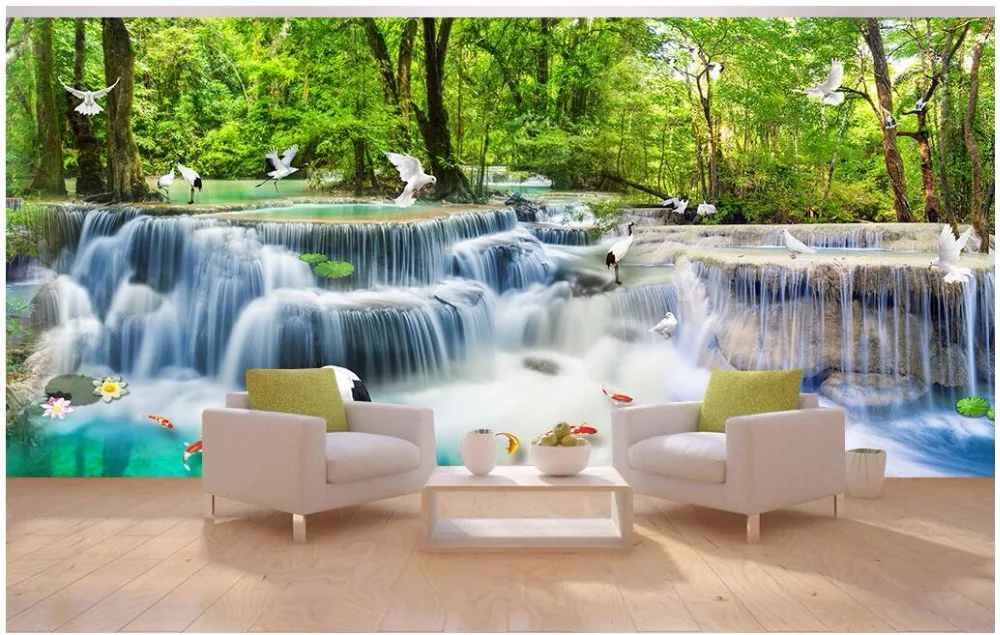 Фотообои 3d под заказ водопад лес журавль белый голубь дом фотообои Настенные