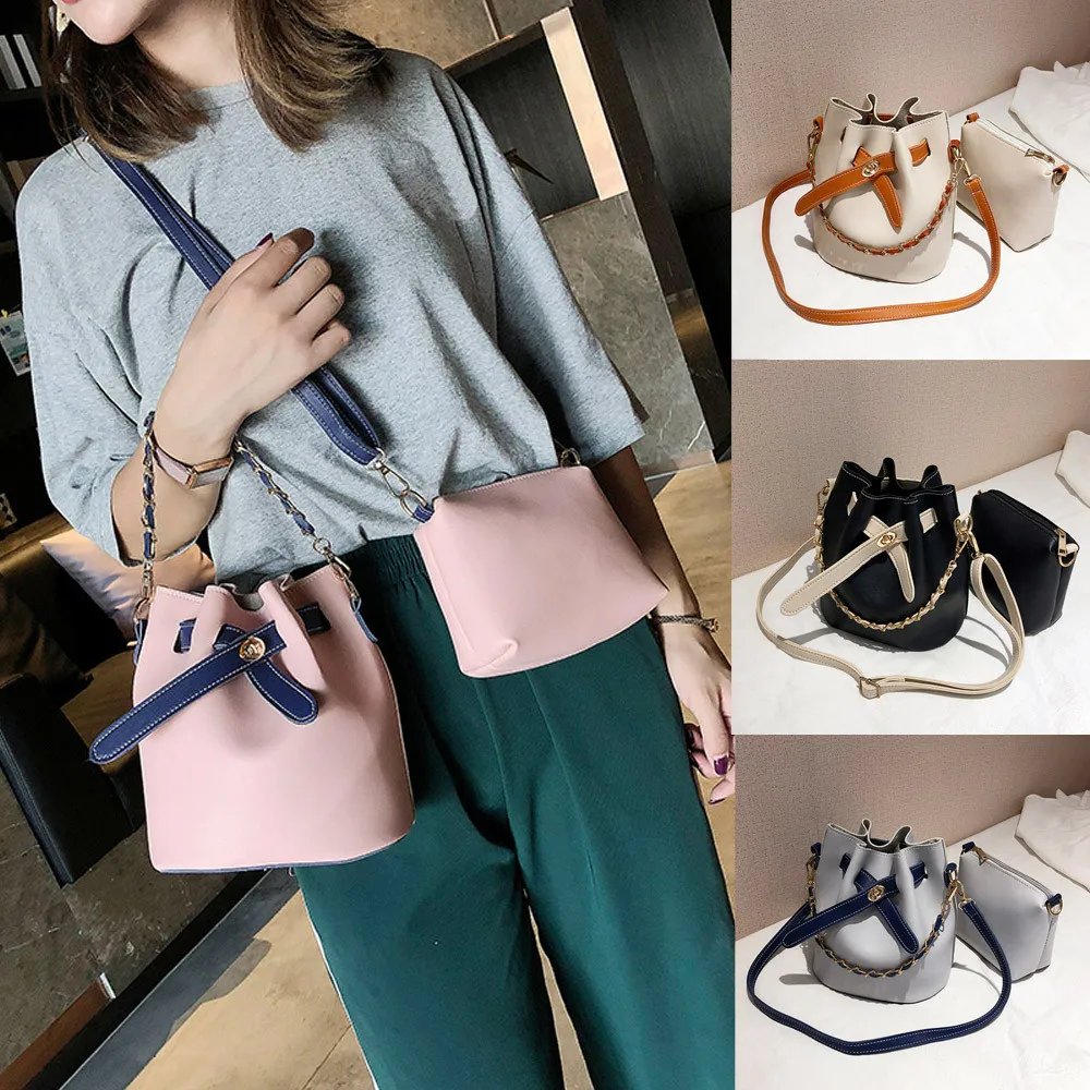 

Women Bags Leather Solid Color Crossbody Shoulder Bucket Bag+Clutch handtassen dames sac a main femme de marque soldes