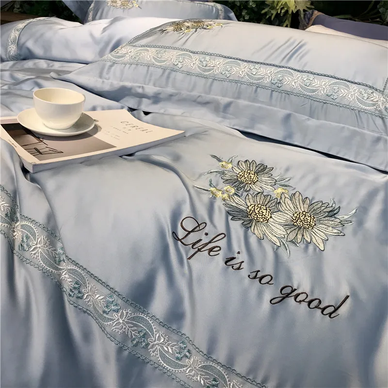 Светильник голубой роскошный пододеяльник с цветочной вышивкой в стиле 1920 х