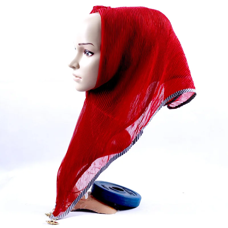 

Pleated Muslim Hijabs Turban Ethnic Scarf Chiffon Plain Wrap Women Square Wrinkled Head Scarf Exquisite pendant Decor 90x90xm