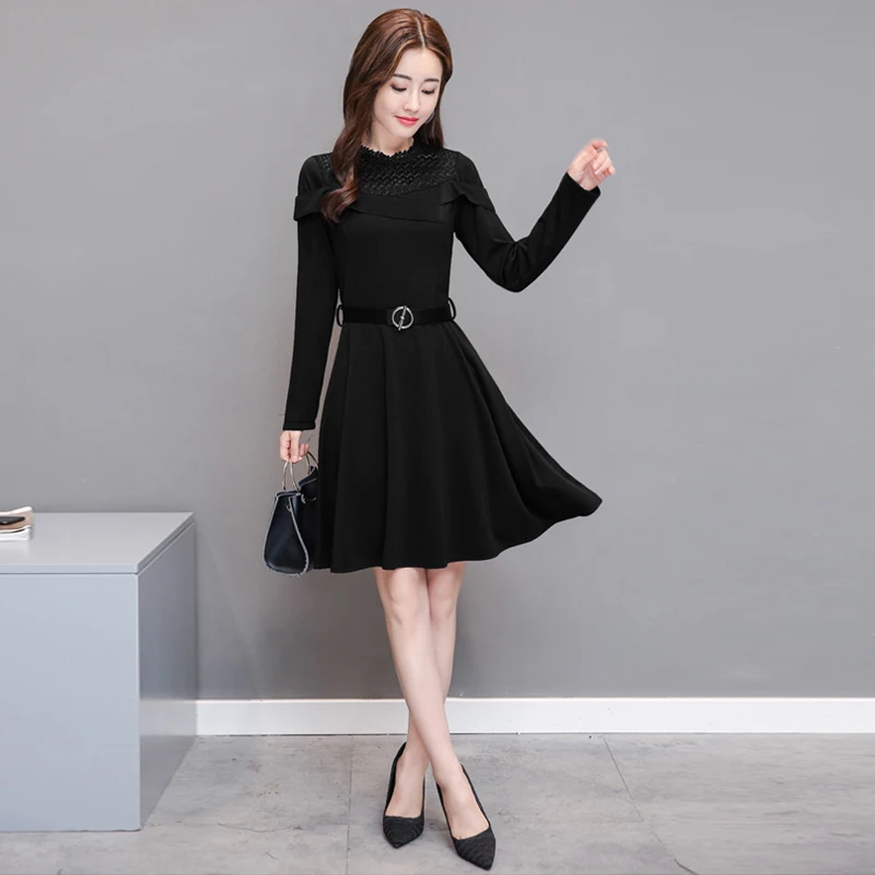 Модные женские туфли вечерние платье 2018 Новый длинным рукавом с поясом офисные