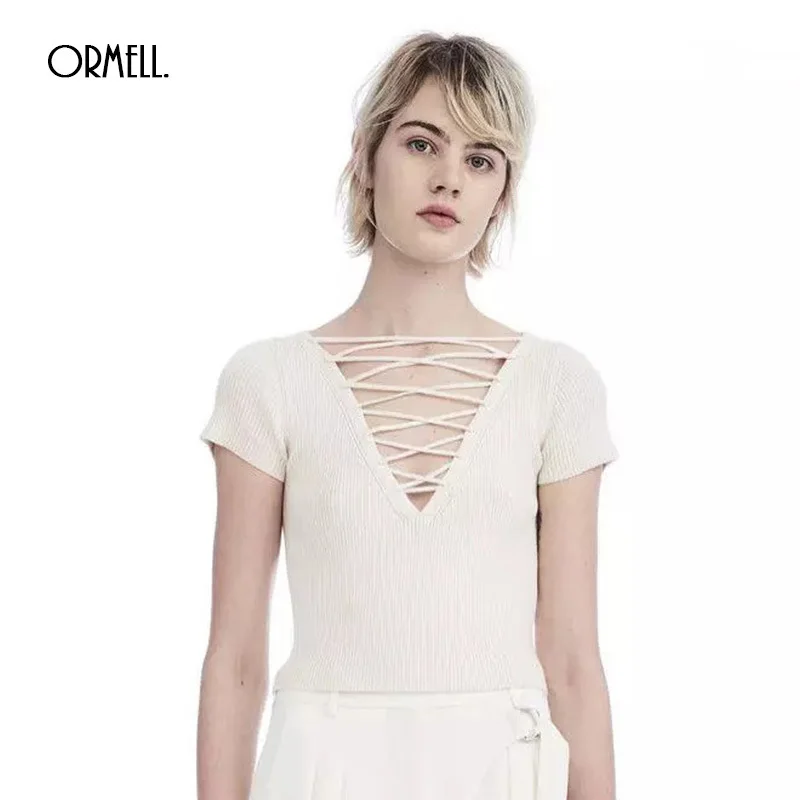 ORMELL Fashion Short Women Deep V Neck T-shirts Summer Hollow Out Bandage Ladies Tops 3 Colors Solid Female Casual Sweater Tees | Женская