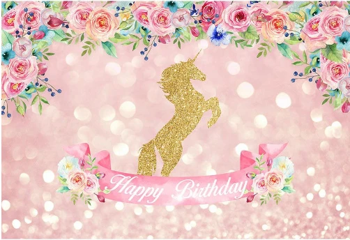 

7x5ft Pink Flowers Gold Unicorn Sequins Happy Birthday Washable Wrinkle Free Photo Studio Background Backdrop Polyester Fabric