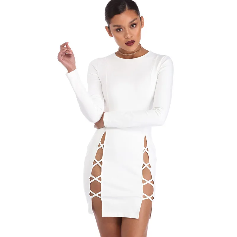 Blue Black White Long Sleeve Elastic Warm Party Dresses Plus Size XXL Vestidos Sexy Club Bodycon Bandage Mini Dress | Женская одежда