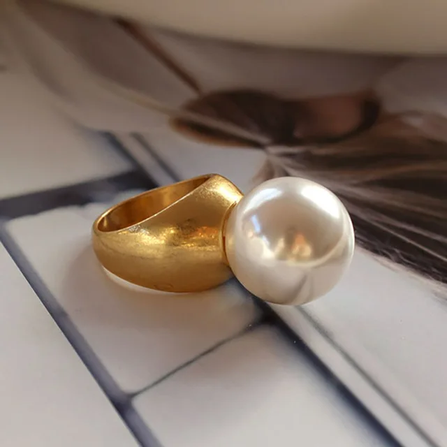 A Baroque Round Imitation Pearl Vintage Ring Gold Color Minimalist Geometric Personality Exaggerated Finger Ring Bague Femme - Цвет основного камня: A