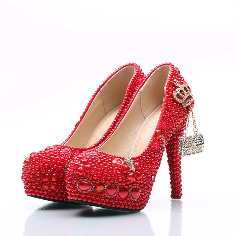 Свадебные туфли ручной работы для невесты с красным жемчугом и стразы женские на