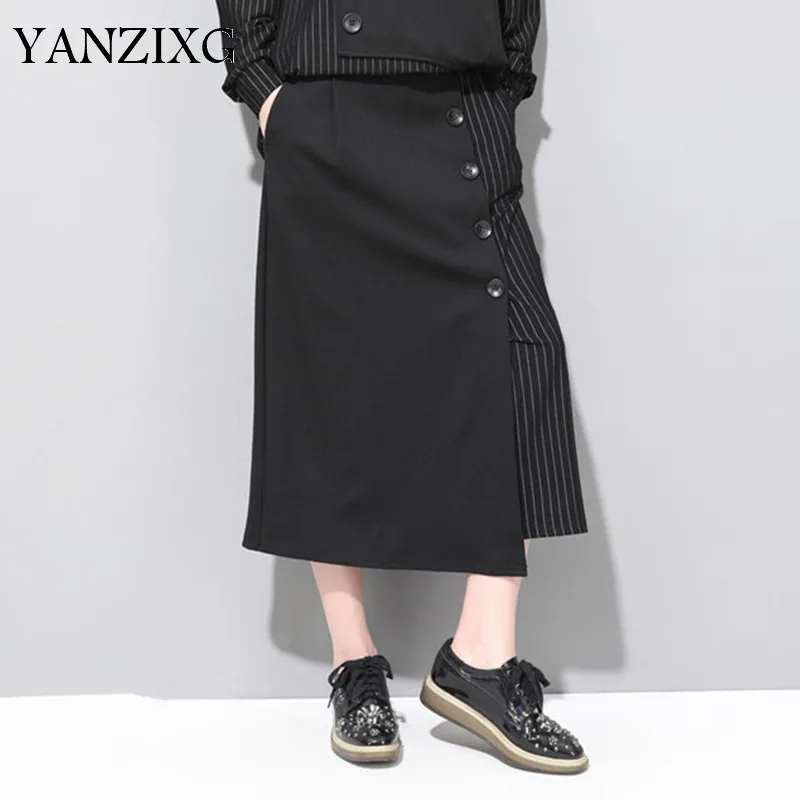 2019 Новинка Весна Лето Высокая Эластичный Талия черный Асимметричная Кнопка