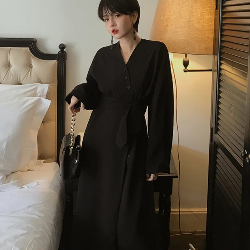 LANMREM 2019 осеннее Новое повседневное модное милое женское Свободное платье с v