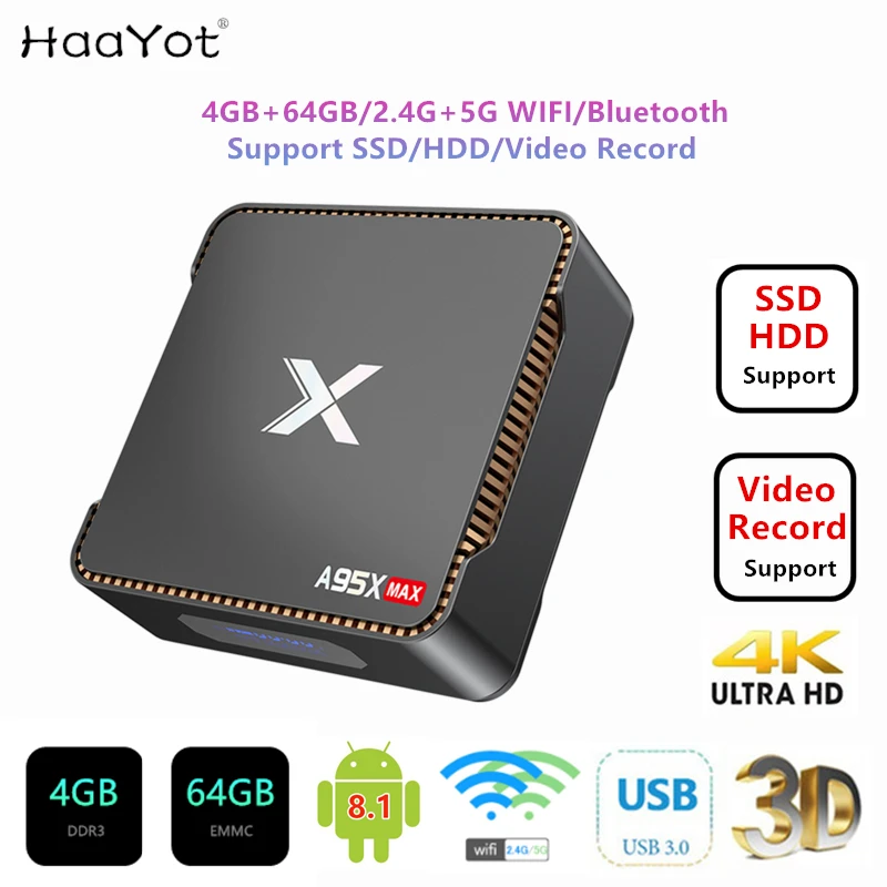 HAAYOT A95X MAX Android 8,1 ТВ приставка S905X2 4 Гб 64 Гб 2,4G+ 5G WiFi 1000M BT4.2 поддержка H.265 комплект коробка поддержка SDD/HDD запись видео