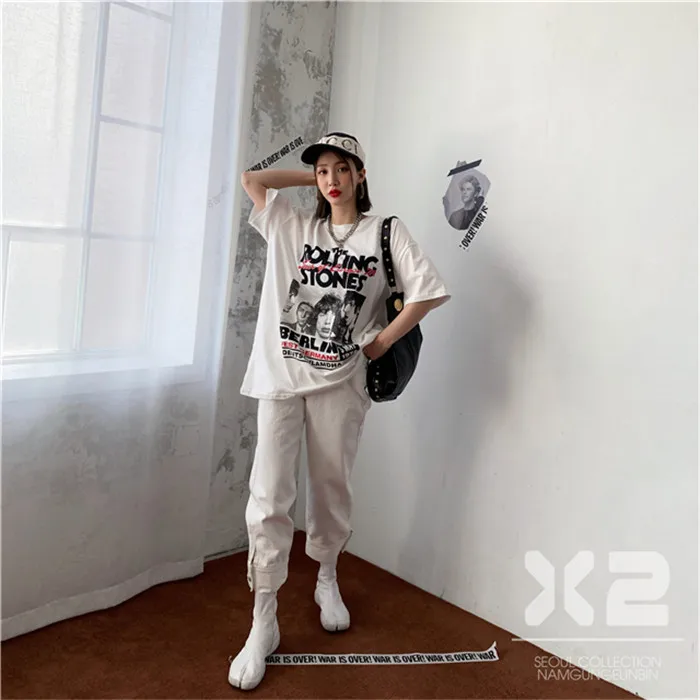 RUGOD Harajuku стиль модная женская футболка rolling stone Принт Свободные Короткие рукава белый Уличная modis летние женские топы