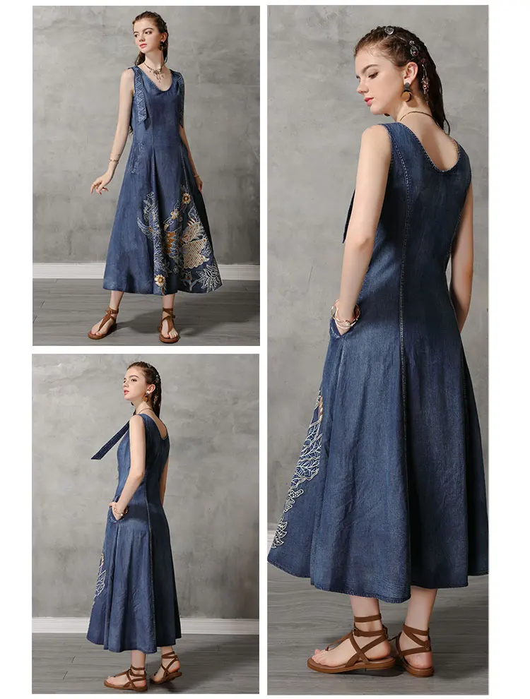 Летнее платье Yuzi. may Boho новые джинсовые женские платья с круглым вырезом без рукавов винтажный сарафан с вышивкой A82168 Vestidos