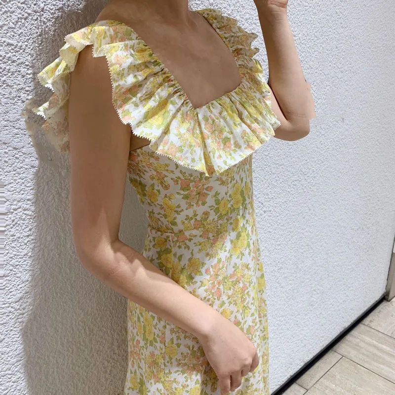 2019 Лето Новый Желтый сломанный кружевной Благородный Воротник с высокой талией