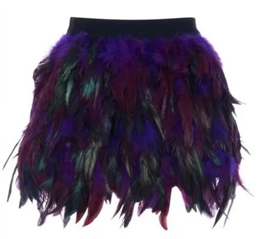 Бесплатная доставка 2016 женские юбки с перьями павлина фиолетового цвета мини