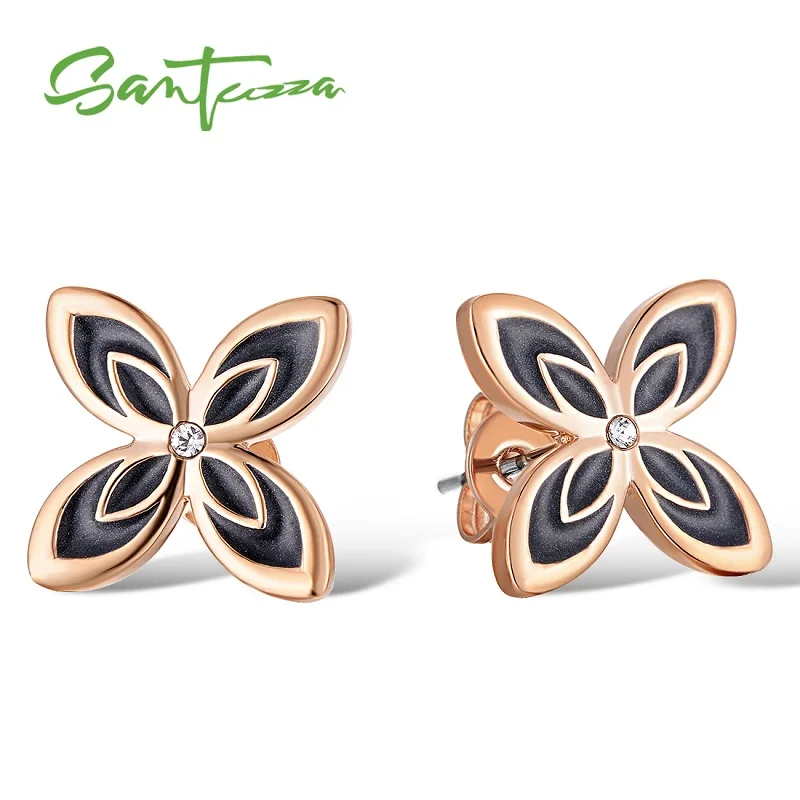 Rose Gold (Black) Женские серьги в виде цветка SANTUZZA, элегантные Разноцветные серьги в виде цветка, сверкающие кристаллы, Модные Винтажные Ювелирные изделия ручной работы, эмаль - Окраска металла: Rose Gold (Black)