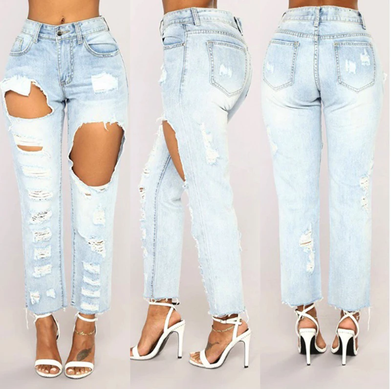 SEXY WOMEN JEANS Long tassel Jeans Women High Waist Skinny Pencil Blue Denim Pants ripped hole cropped slim fit women |