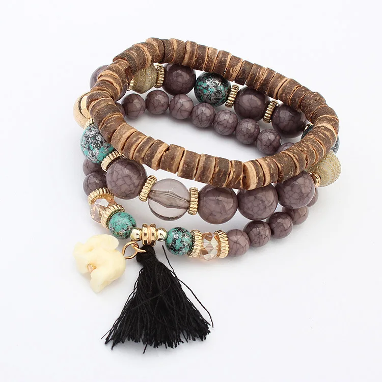 BOYULIGE браслет с деревянными бусинами для Для женщин в богемном стиле Boho Винтаж Jewelry Femme слон браслеты в форме кисточек и Набор браслетов/3 шт