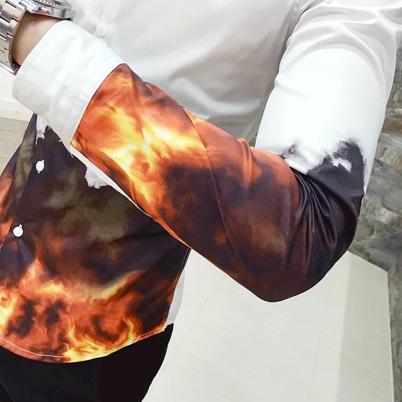 Мужская рубашка с длинным рукавом принтом в виде пламени|men long sleeve shirt|pattern shirtshirt