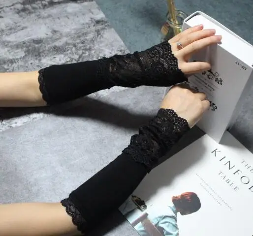 

Women's autumn winter lace patchwork long glove female knitted sexy fingerless long arm sleeve driving glove R1330