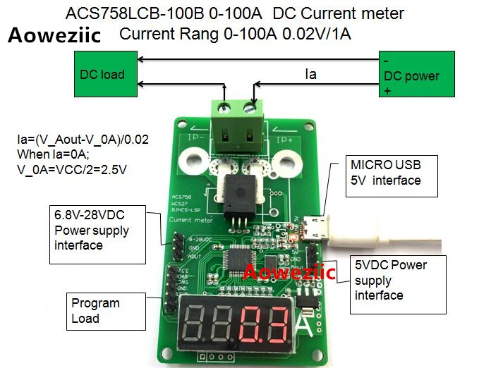 

Aoweziic ACS758LCB-100B ACS758 0-100A DC измеритель тока на 0-100A 0,02 V/1A