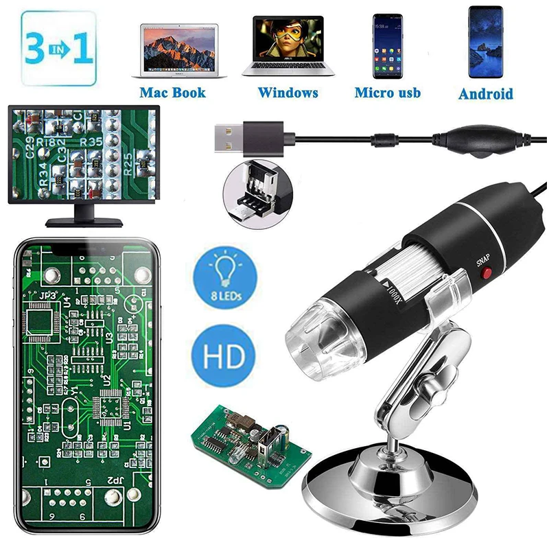 500X 1600X 8LED цифровой USB микроскоп мини камера ручной портативный для Android эндоскопа