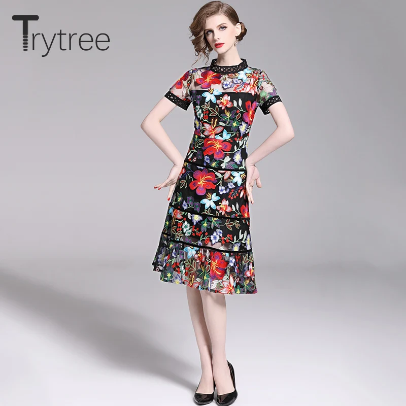 Женское платье с цветочной вышивкой Trytree повседневное ажурное из полиэстера до