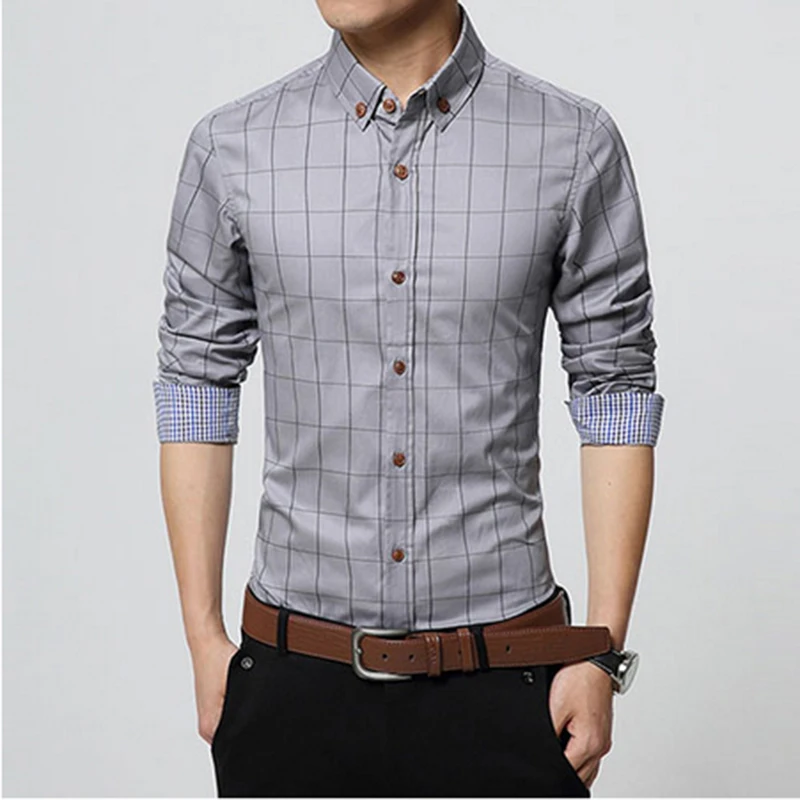 Осень мода бренд мужской одежды Slim Fit Мужская рубашка с длинными рукавами Мужчины