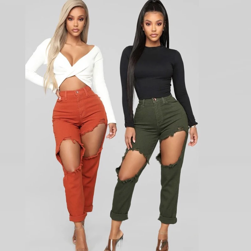 Женские рваные джинсы с высокой талией Узкие синие джинсовые брюки потертые