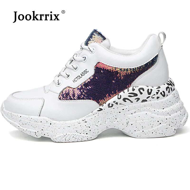 Jookrrix/женские кожаные кроссовки; коллекция года; сезон весна; белая платформа 7 см; модные блестящие женские кроссовки; шикарная женская обувь для папы