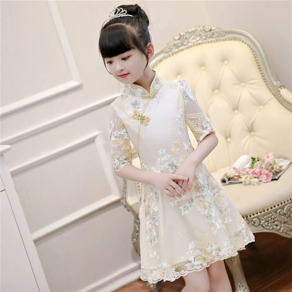 

Stage dance show costume kids summer guzheng costumes qipao traditional Chinese style stand collar cheongsam pink champagne 2019