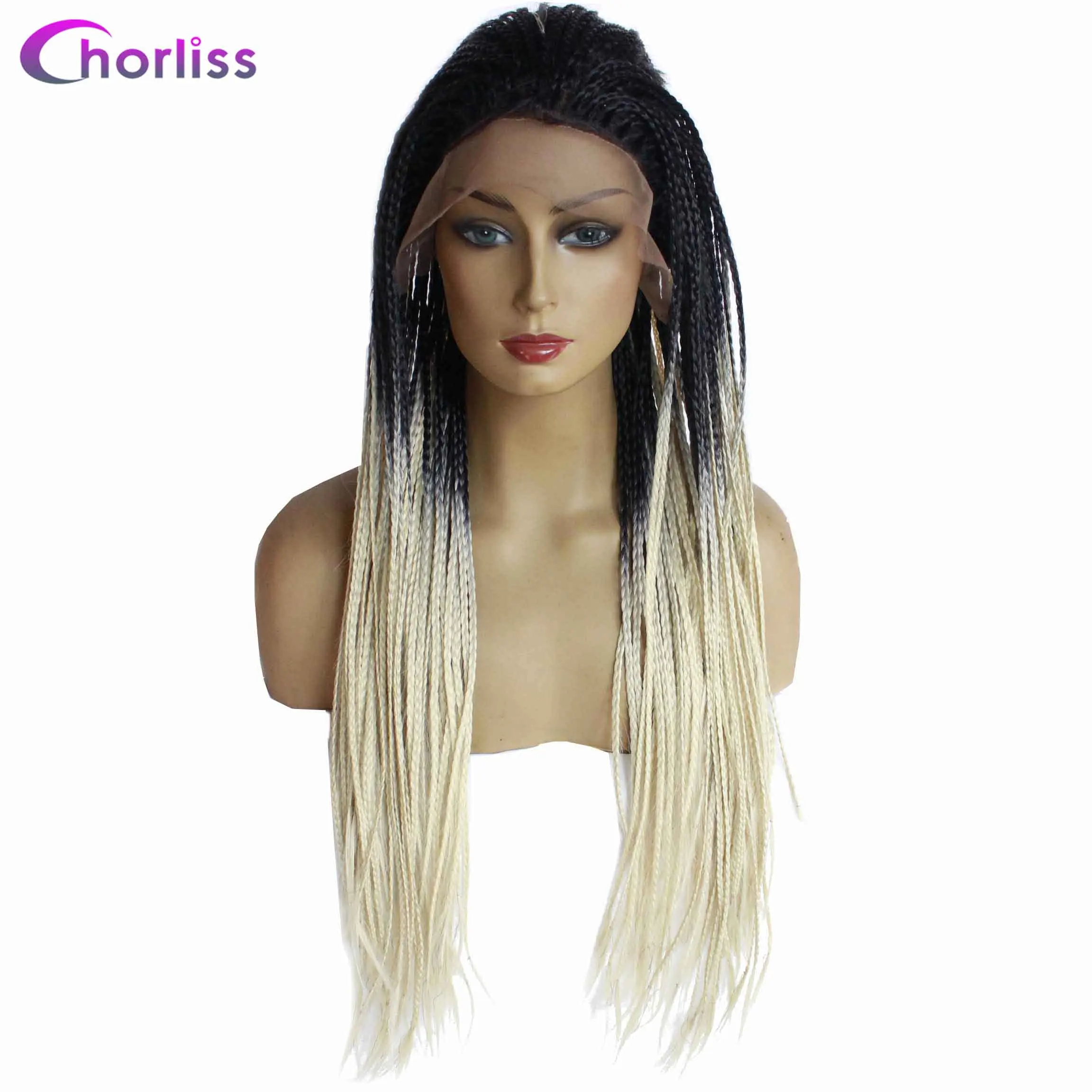 Long Braided Box Braids Wig Ombre Synthetic Lace Front Wig For Women Chorliss Hand Made Black Cosplay Wig Heat Resistant Wigs