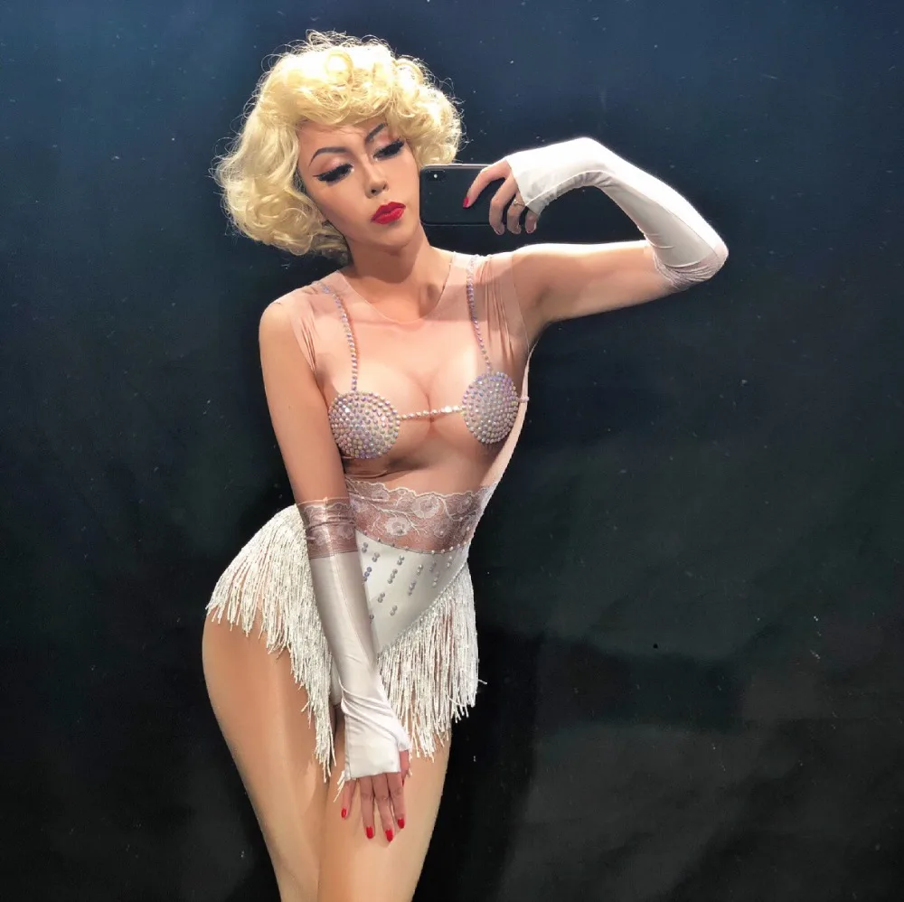 2019 белый женский сексуальный боди с бахромой сверкающие кристаллы на груди для