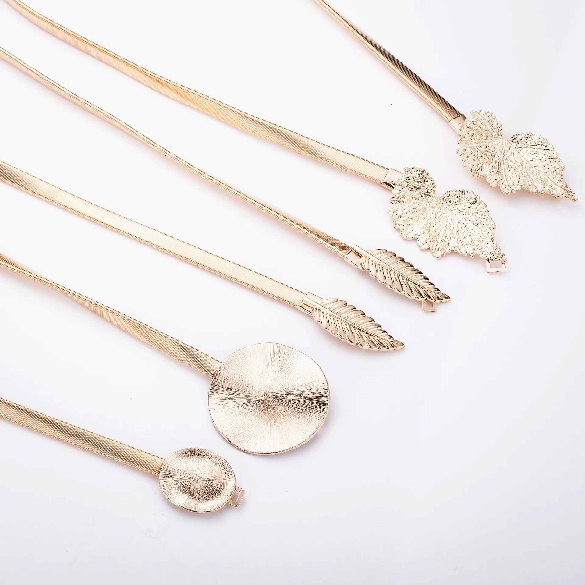 

Korean Elastic Metal Waist Silver Gold Chain Belts Female Round Leaf Buckle for Women Dresses Strap Waistband Cummerbunds