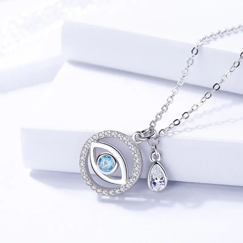 Damira S925 Silver Accessories Simple Fashion Square Blue Eye Round Embedded Zircon Necklace Wholesale Agent |
