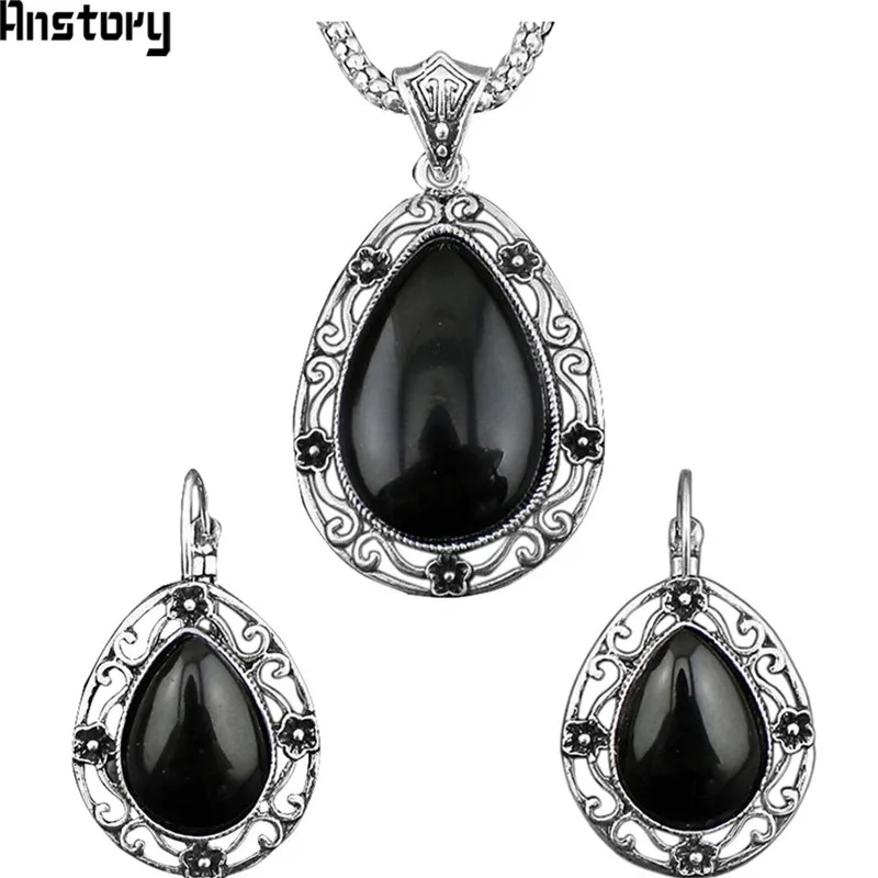 Полые цветок Drop черный камень комплект ювелирных изделий Цепочки и ожерелья