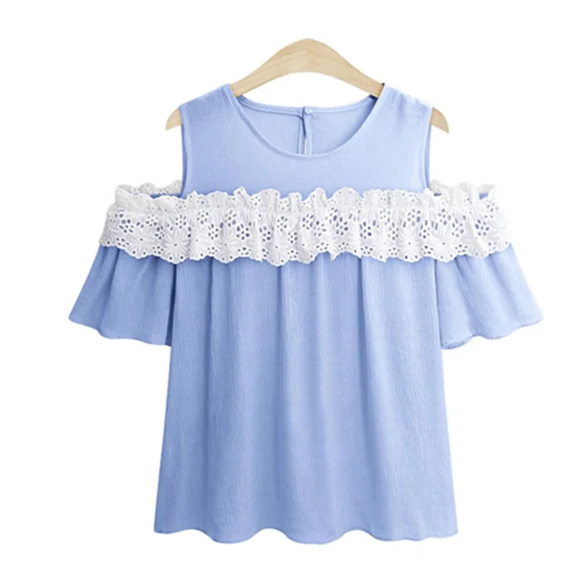 2019 Новая женская кружевная Лоскутная футболка со складками с открытыми плечами