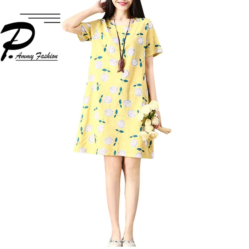 2018 корейский вариант цветочный принт короткий рукав хлопок лен джемпер платье