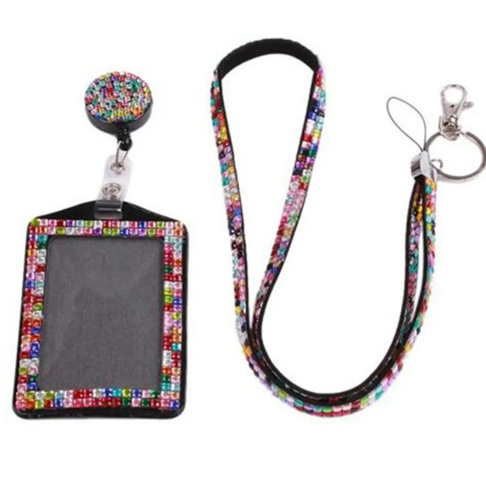 

1Set Retractable ID Badge Neck Lanyard Name Tag Card Holder Rhinestone Covers